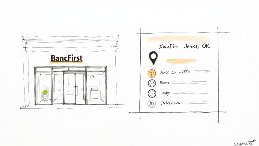 A hand-drawn sketch of a BancFirst bank branch and a card detailing its Jenks, OK location.