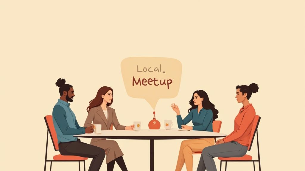 Four diverse individuals sitting around a table, having a local meetup and conversation.