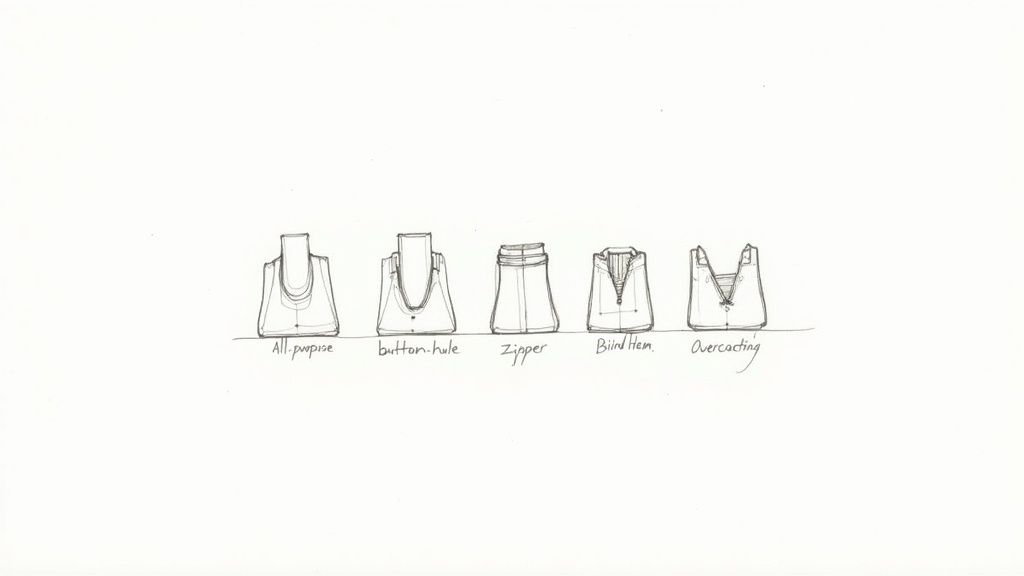 Five different neckline closure types illustrated on sleeveless garments including zipper and button styles