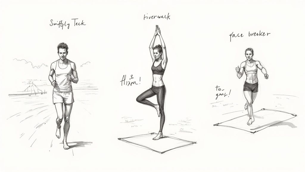 A woman wearing Lululemon leggings and top practices yoga outdoors.