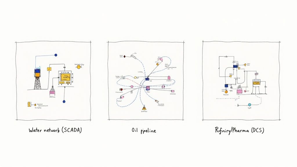 Comparison diagram showing water network SCADA, oil pipeline, and refinery pharma DCS control systems