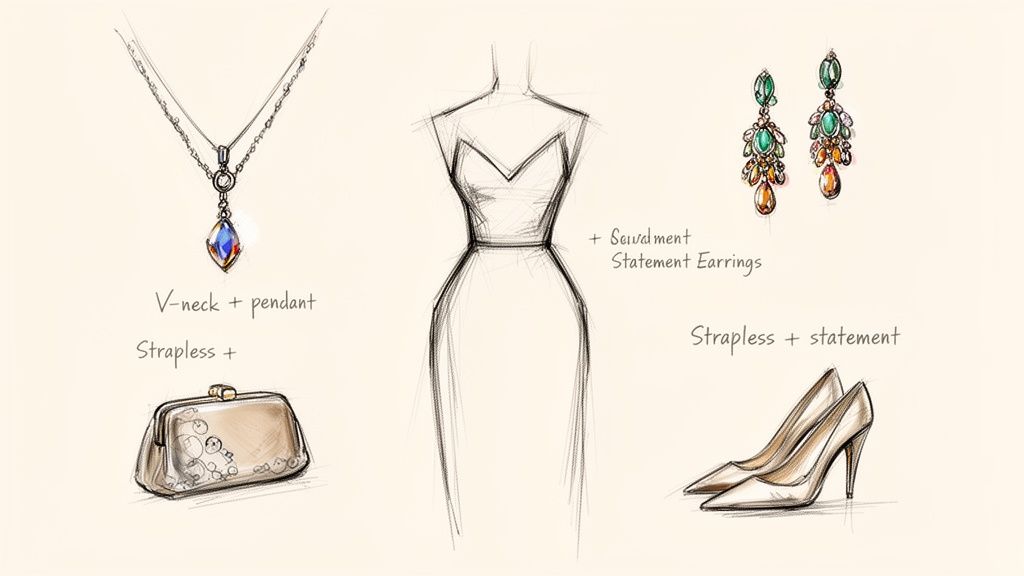 Sketches illustrate styling options for a strapless dress with a necklace, earrings, clutch, and heels.