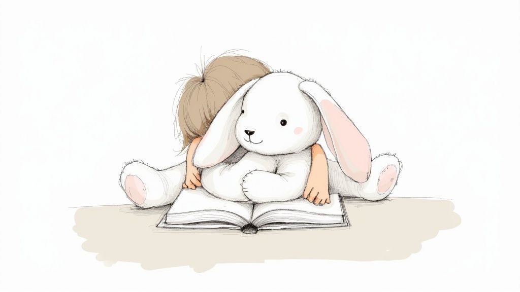 A child reading a Jellycat bunny book with a matching plush bunny toy