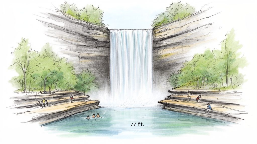 An artistic rendering of a majestic waterfall cascading into a swimming hole with people relaxing.