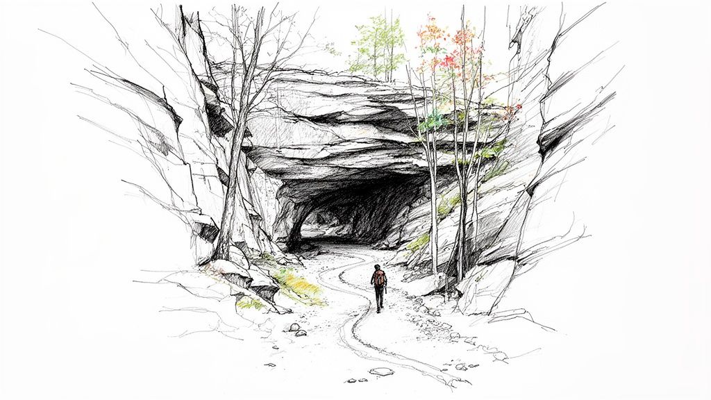 A person walks on a winding path towards a dark cave entrance, surrounded by rocky cliffs and trees.