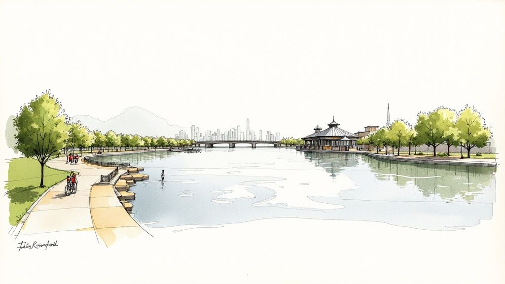 A detailed watercolor sketch of a lively riverwalk with cyclists, a city skyline, and a pavilion.