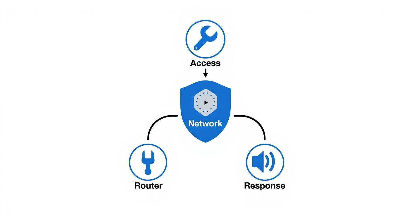 Diagram showing access flowing into a network shield, then branching to a router and a response.