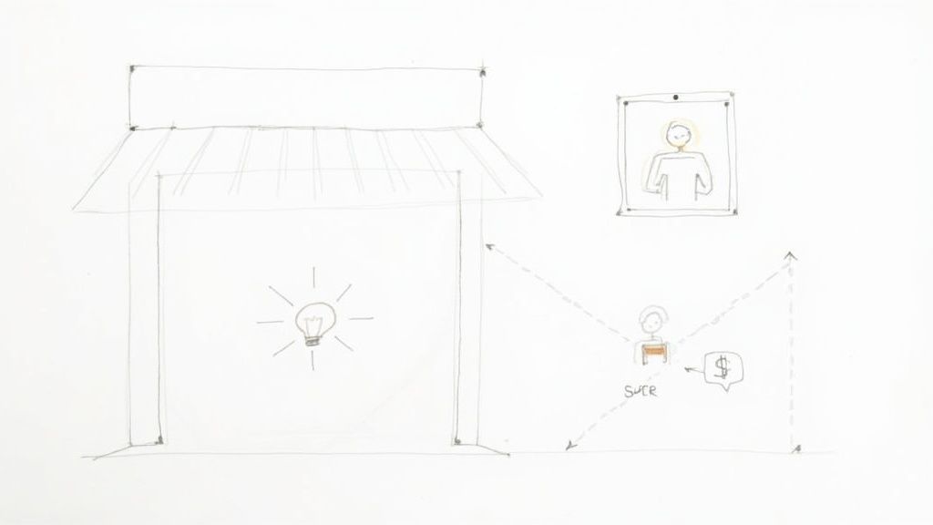 Sketch showing retail store front with lightbulb idea and customer sale transaction flowchart