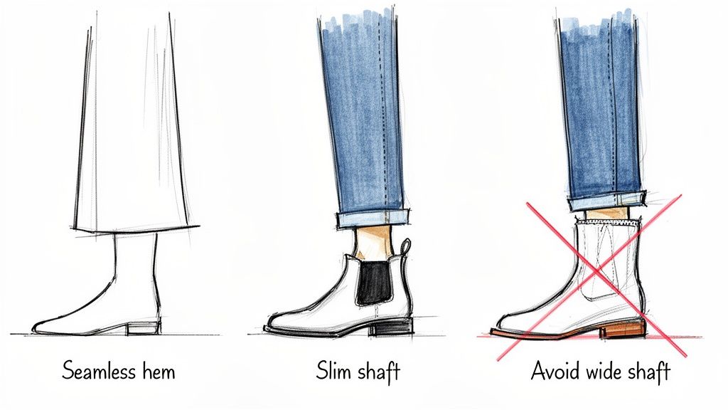 Illustrations demonstrate how to wear boots with pants: seamless hem, slim shaft, and avoiding wide shaft.