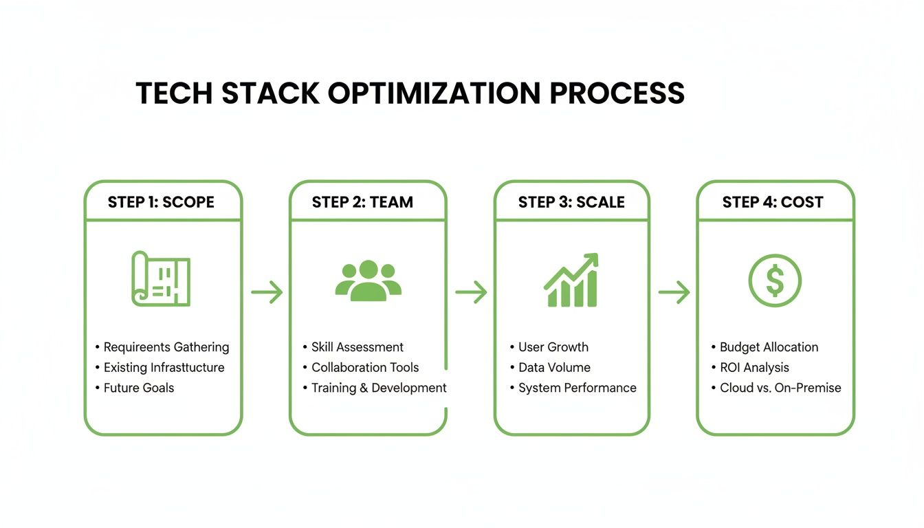 Diagram outlining the four-step tech stack optimization process: Scope, Team, Scale, and Cost.