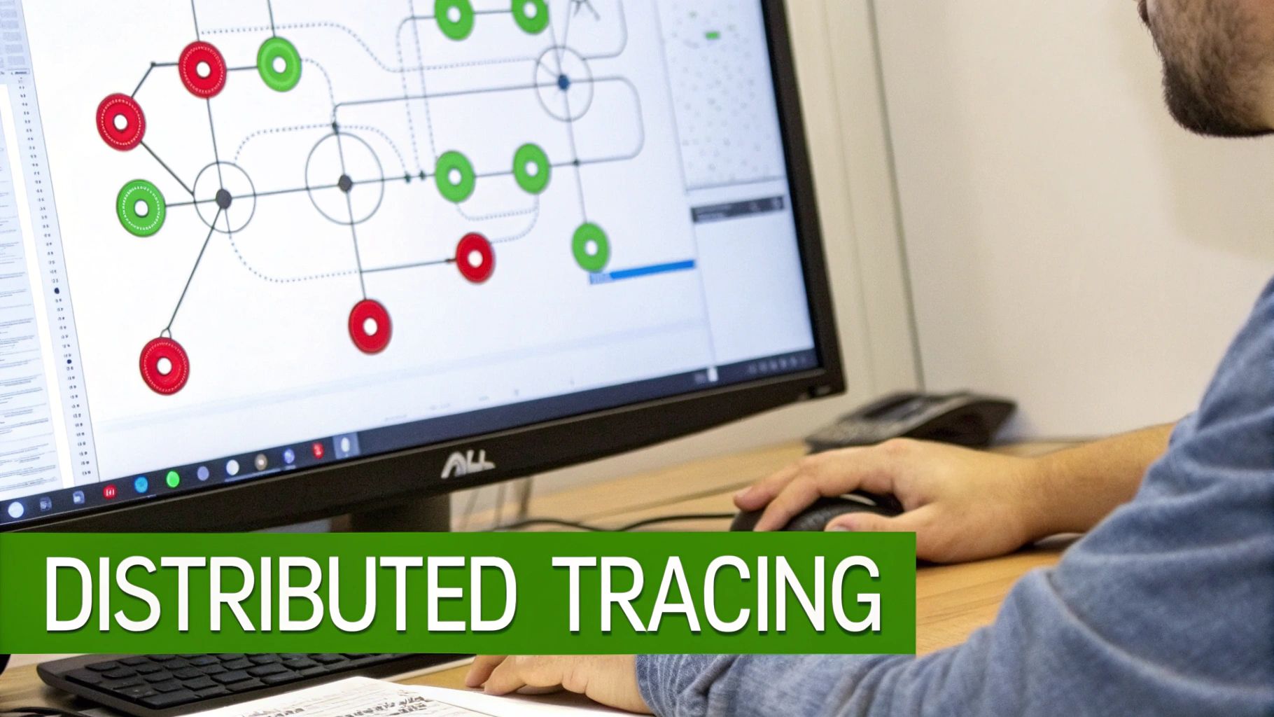 A person views a monitor displaying a diagram of red and green nodes for distributed tracing.