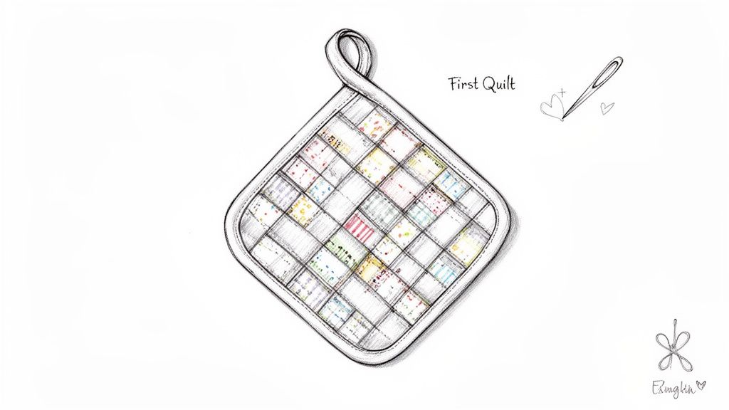 A hand-drawn illustration of a colorful patchwork quilted pot holder with a loop, next to 'First Quilt' text and a needle.