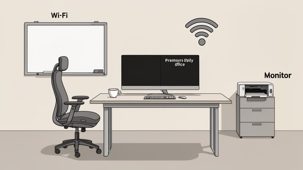 A clean and modern daily office setup with a desk, chair, computer, whiteboard, and printer, indicating Wi-Fi access.