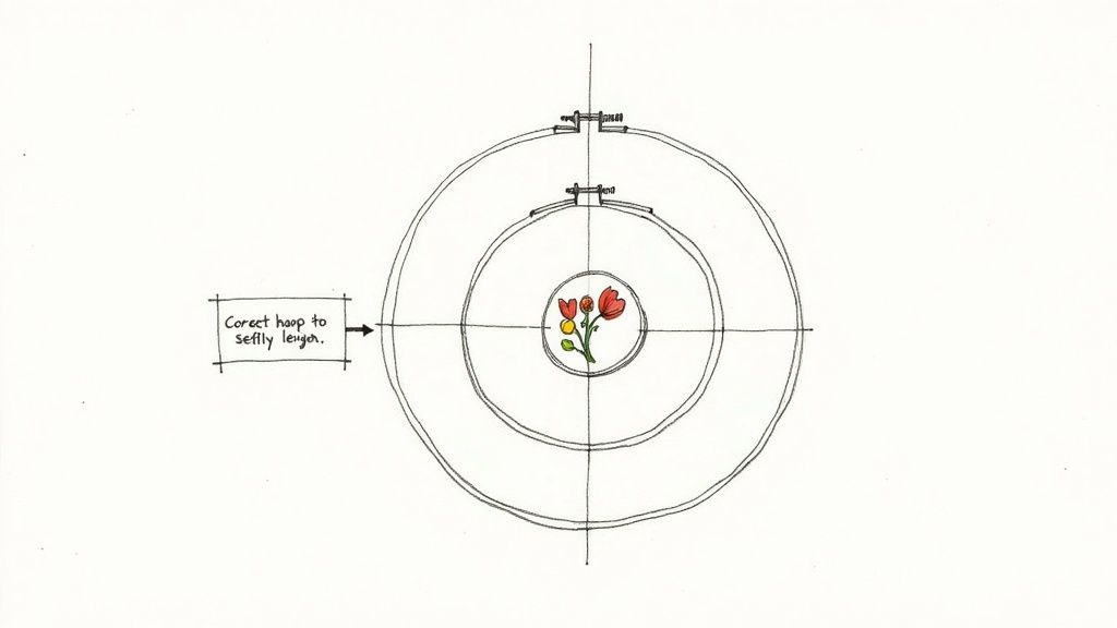 Diagram showing an embroidery hoop around a smaller one with flowers, text says 'Correct hoop'.