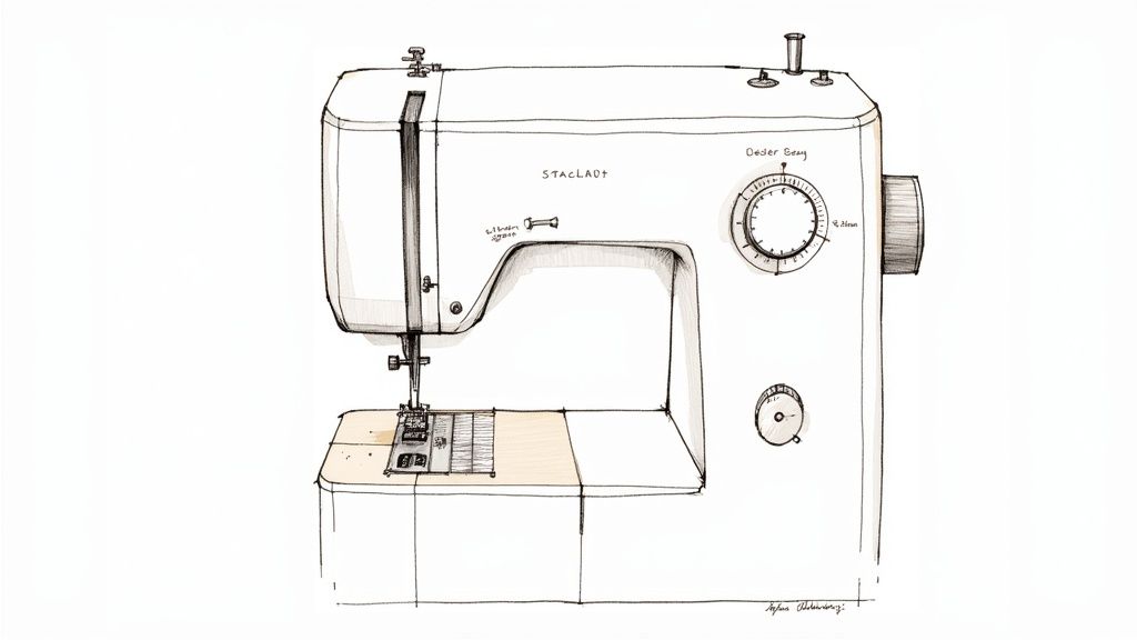 A close-up shot of a sewing machine needle and presser foot with basting stitches on fabric.