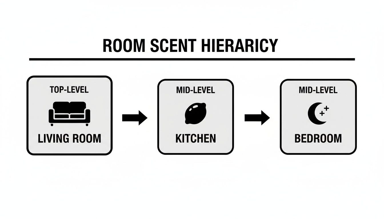 Room scent hierarchy diagram featuring living room, kitchen, and bedroom with their respective icons.
