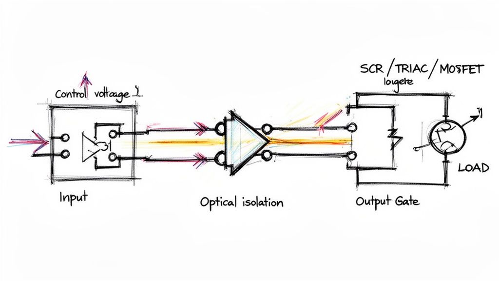 A circuit diagram illustrating an input stage, optical isolation, and an output gate controlling a load.