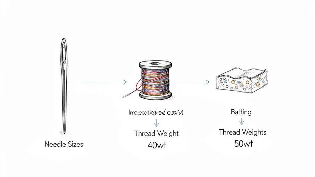 Diagram showing a needle, a spool of 40wt thread, and batting with 50wt thread weights for quilting.