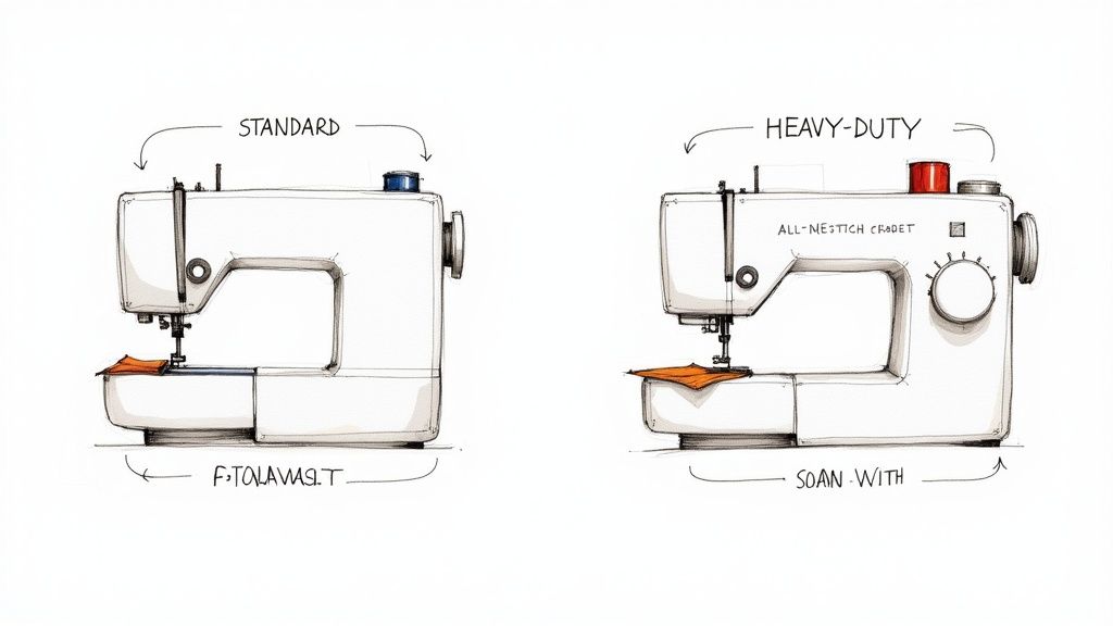 Illustrated comparison of a standard sewing machine and a heavy-duty model for different materials.