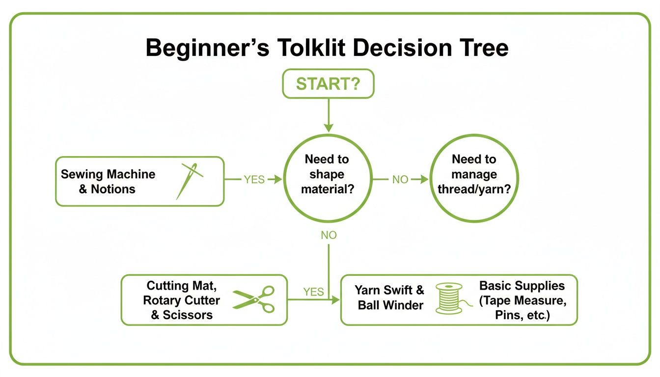 A beginner's toolkit decision tree outlining essential sewing and crafting supplies.