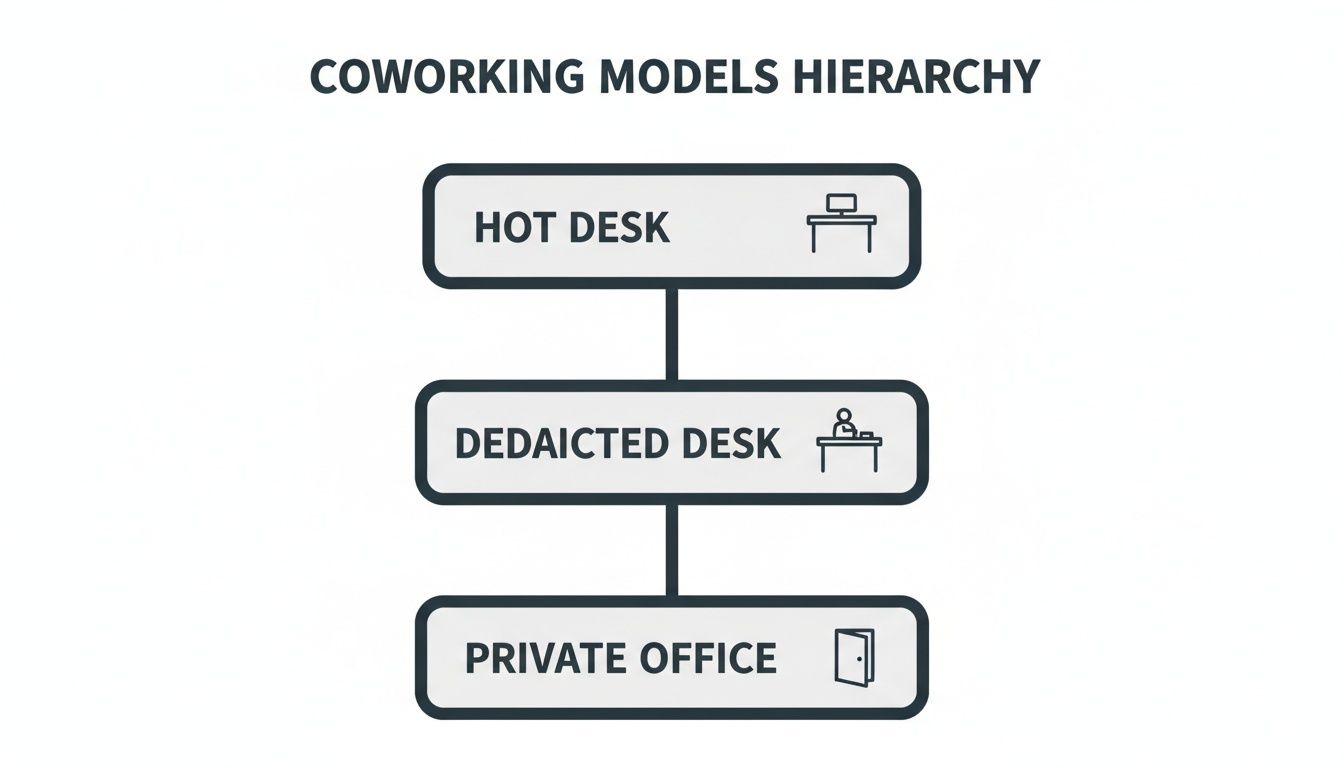 A hierarchical diagram illustrating different coworking models: hot desk, dedicated desk, and private office.