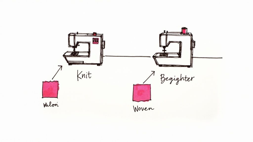 Illustration showing two sewing machines: one for knit fabric labeled 'Welon', and another for another for woven fabric labeled 'Begighter'.