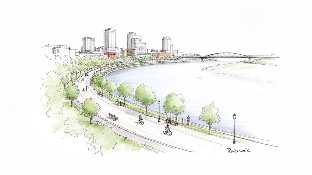 Hand-drawn sketch of a vibrant riverwalk with people cycling and walking, a city skyline, and a bridge.