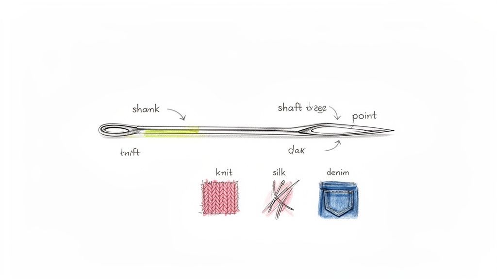 Diagram illustrating a sewing needle's parts labeled, alongside examples of knit, silk, and denim fabrics.