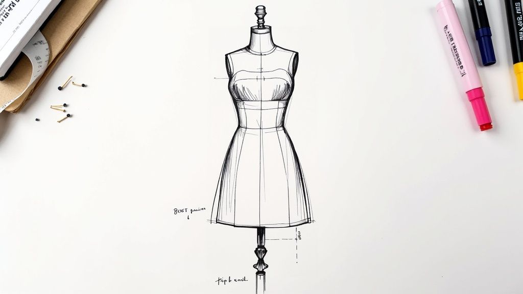 A woman wearing a well-fitted occasion dress, with a tape measure graphic overlaid.