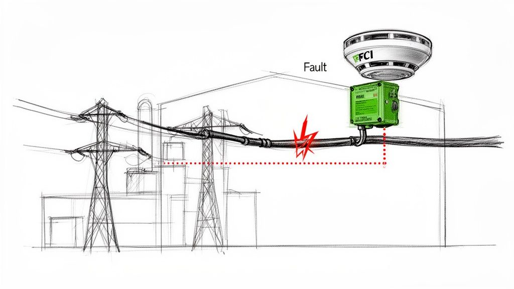 Illustration of an electrical fault on power lines, detected by a green FCI current indicator.
