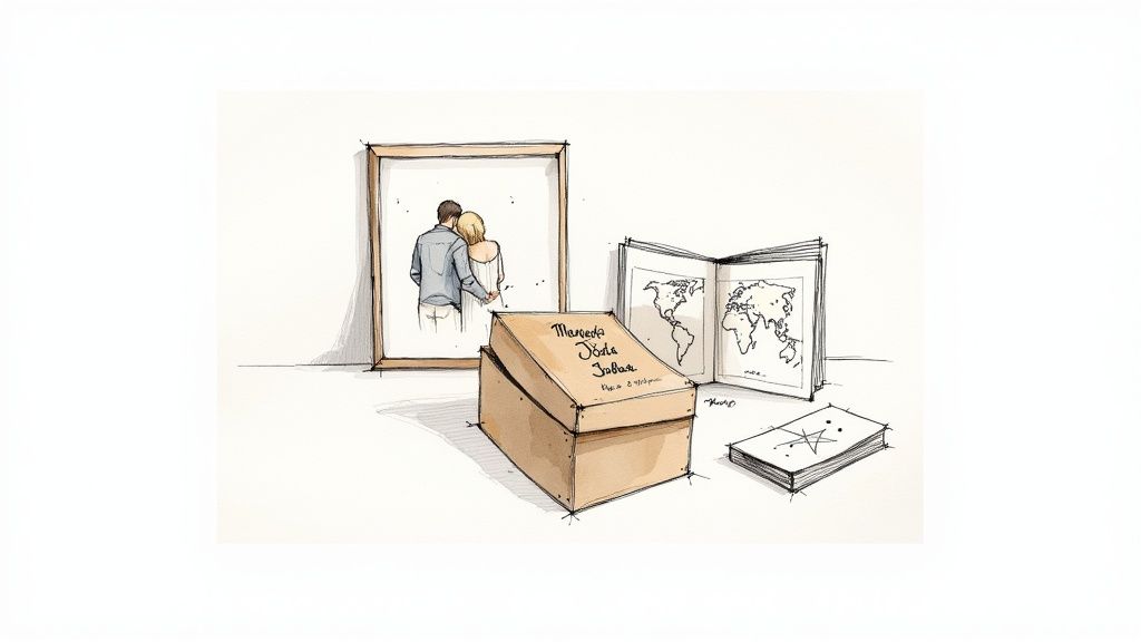 A watercolor illustration depicting a framed couple, an open memory box, and travel maps.