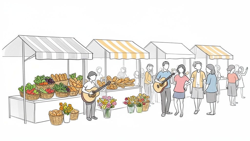 A lively farmers market with stalls selling fresh produce, bread, and flowers. People are shopping and enjoying live music.