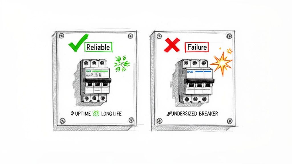 Two electrical panels illustrating reliable, properly sized circuit breakers versus undersized ones causing failure.
