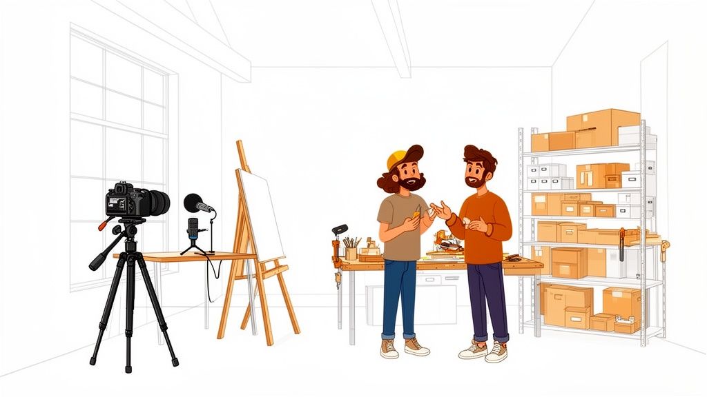 Two bearded men discussing in a creative studio with video recording equipment and workshop tools.