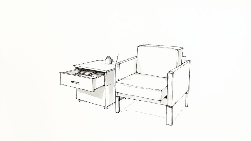 Modern sketch of accent chair beside side table with drawer and storage compartment