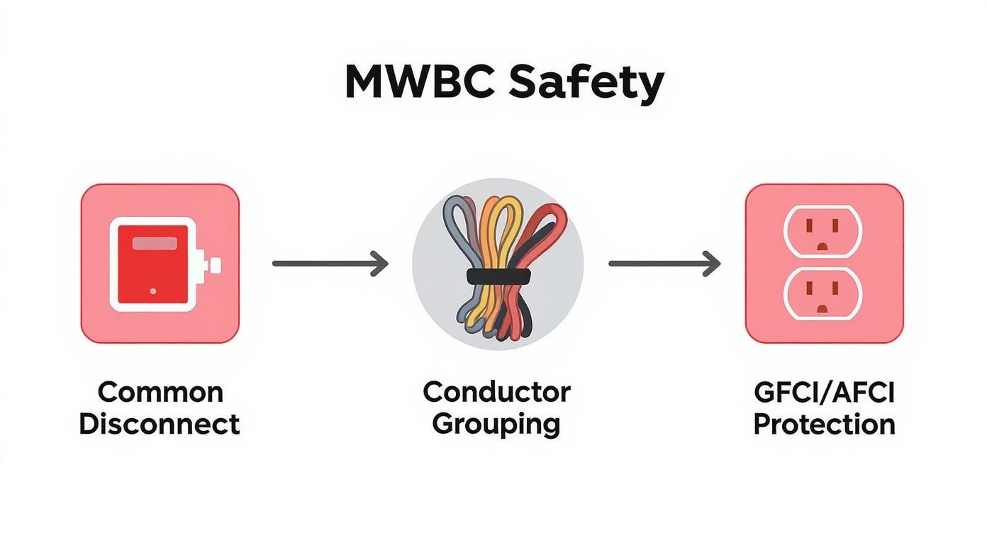 Diagram illustrating multiwire branch circuit safety steps: common disconnect, conductor grouping, and GFCI/AFCI protection.