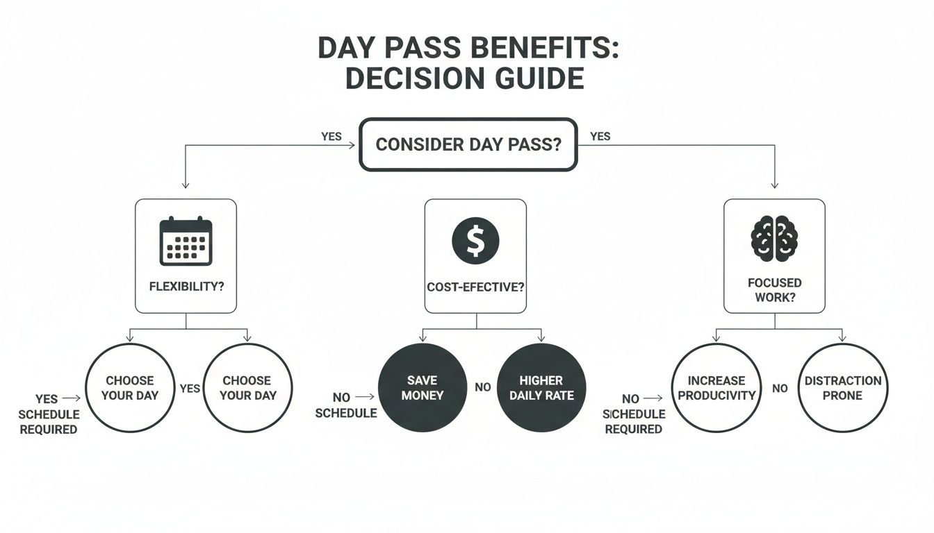 Decision guide flowchart outlining day pass benefits, covering flexibility, cost, and focused work.