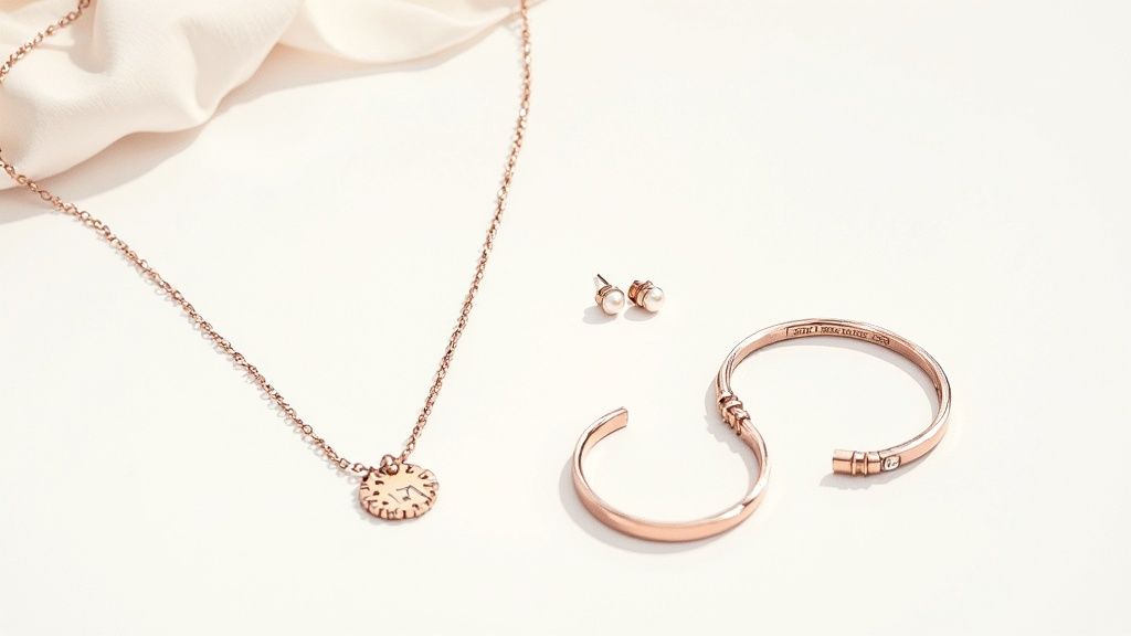 Elegant rose gold jewelry set featuring a necklace with a round charm, pearl stud earrings, and a cuff bracelet.