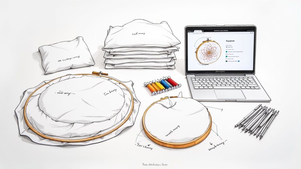 A flat lay of embroidery supplies, including fabric, hoops, threads, and a laptop displaying a design.