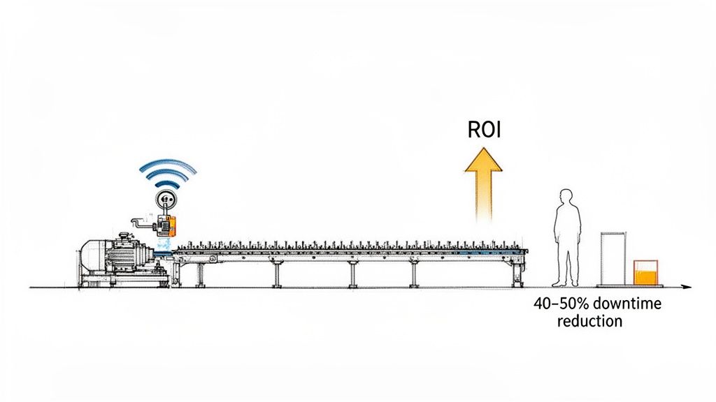 Illustration of a manufacturing conveyor with a wireless sensor reducing downtime by 40-50%, leading to increased ROI.