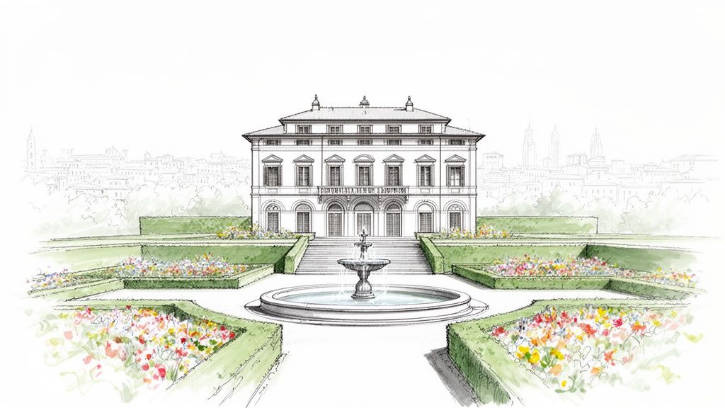 Detailed watercolor sketch of a grand classical villa with formal gardens, a central fountain, and colorful flower beds.