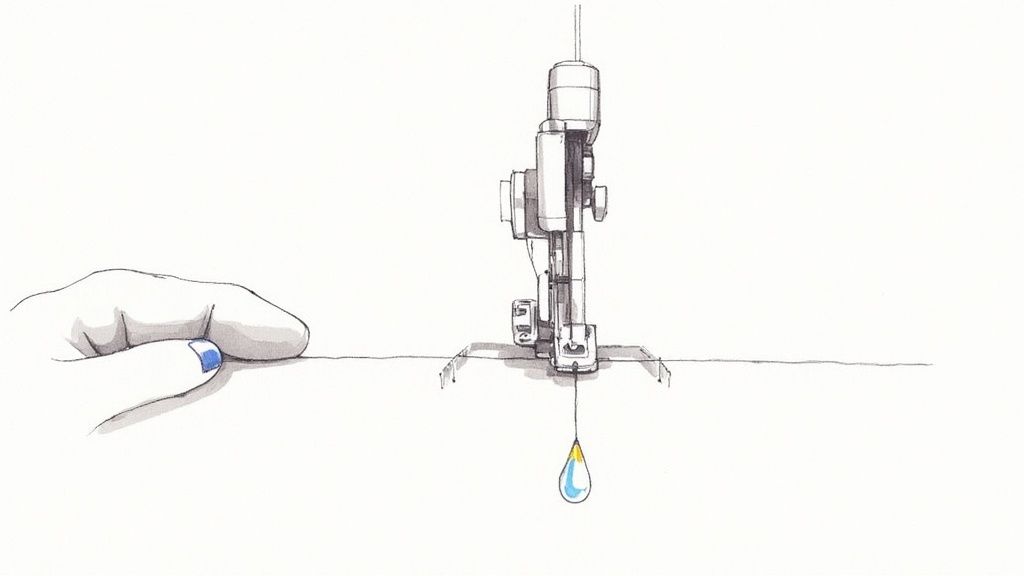 A close-up shot of a single drop of sewing machine oil being applied to a metal gear inside a sewing machine.