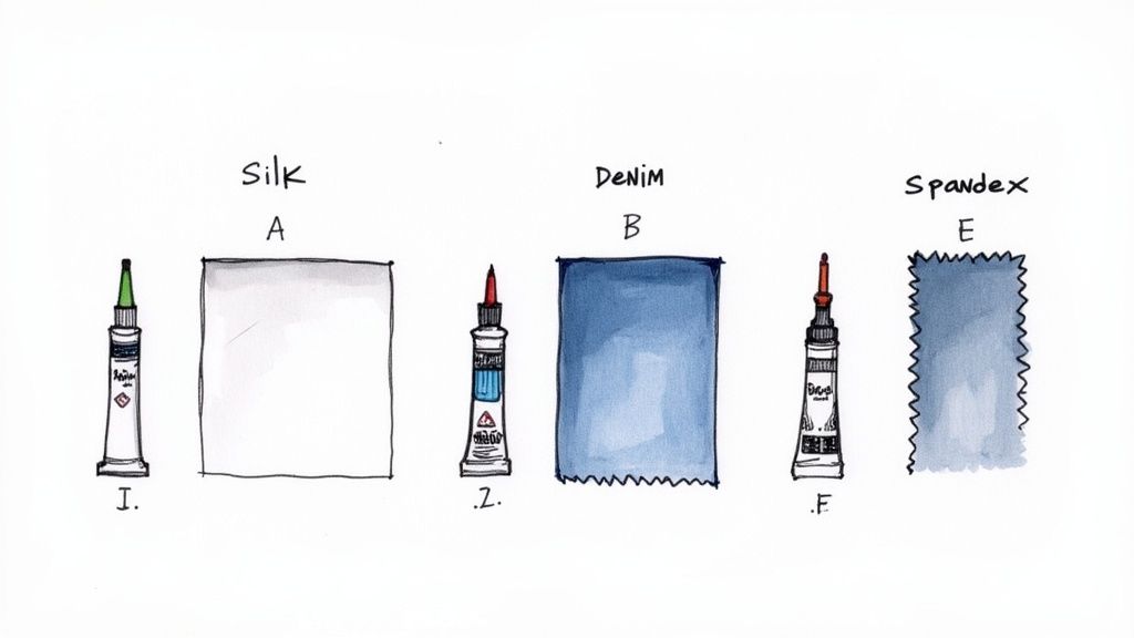 Several tubes of different fabric glues and adhesives lined up on a crafting table.