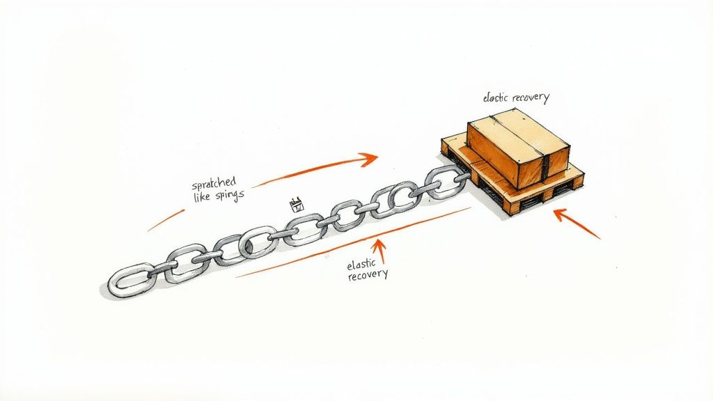 A chain pulling a pallet with boxes, illustrating elastic recovery and stretching like springs.