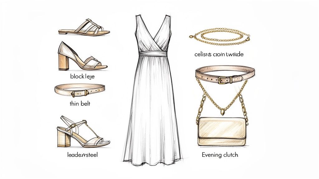 Fashion sketch showing a white maxi dress styled with various shoes, belts, and a clutch bag.
