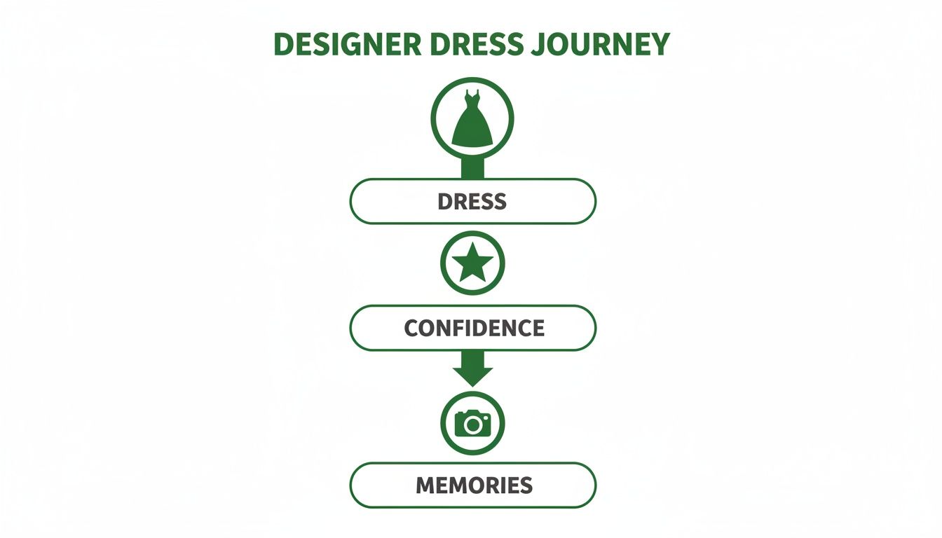 Flowchart illustrating the designer dress journey: Dress leads to Confidence, then to Memories.