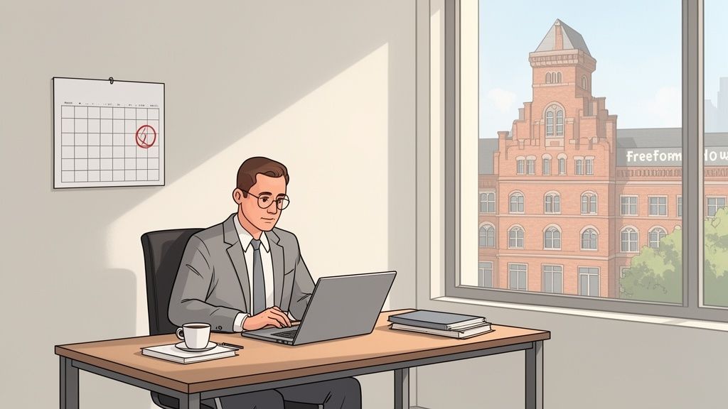 A man in a suit works on a laptop at a desk in an office with a view of a brick building.