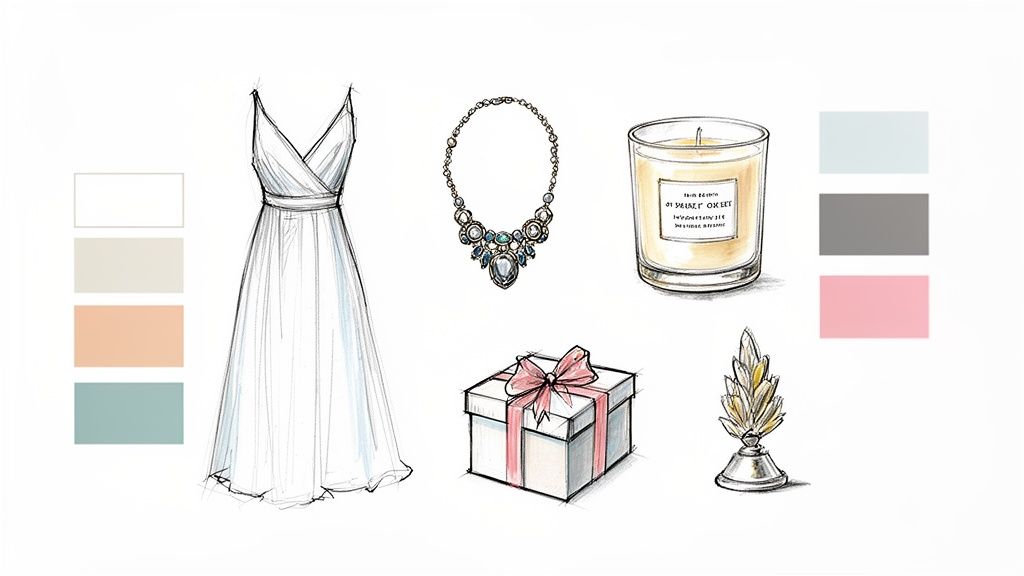 Sketches of elegant fashion accessories, a white dress, and decorative items with coordinating color palettes.