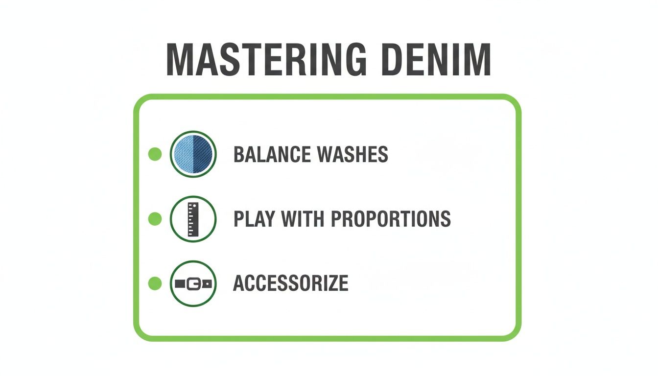 A visual guide offering three tips for mastering denim: balance washes, play with proportions, and accessorize.