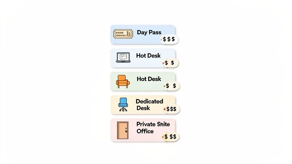 Five different coworking space options: Day Pass, Hot Desk, Dedicated Desk, and Private Shite Office, with price indicators.